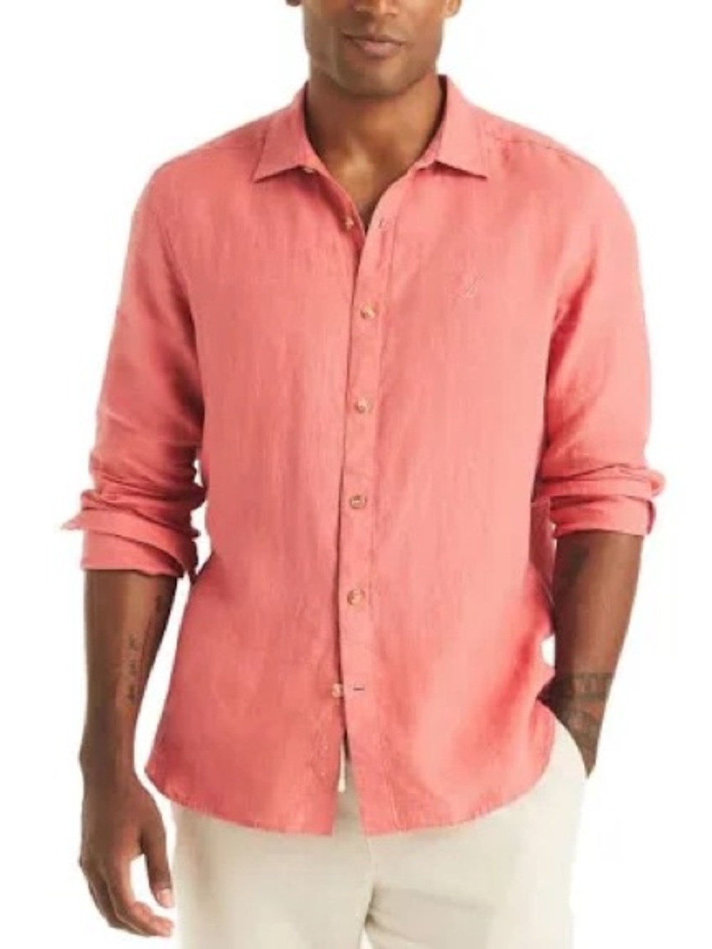 Nautica Men's Red Long-Sleeve Linen Button-Up Shirt